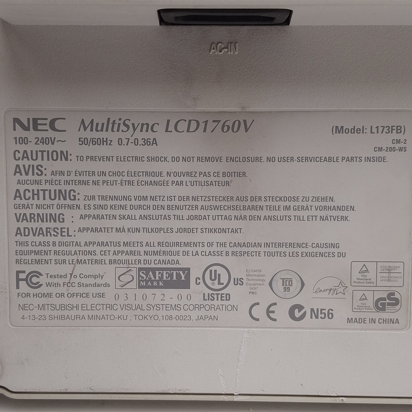 Used NEC LCD1760V MultiSync LCD Monitor, 17in, 1280x1024, VGA, 100-240VAC, VESA 100mm