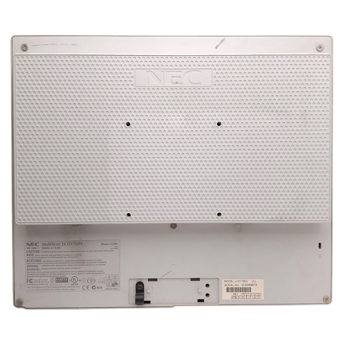 Used NEC LCD1760V MultiSync LCD Monitor, 17in, 1280x1024, VGA, 100-240VAC, VESA 100mm