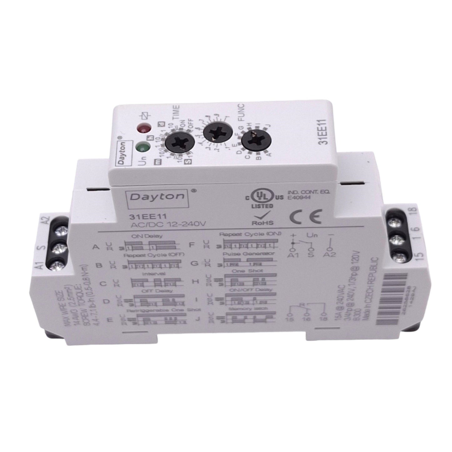 Used Dayton 31EE11 Time Delay Relay, 12-240VAC/DC In, SPDT, 0.1s-10d, 15A Max