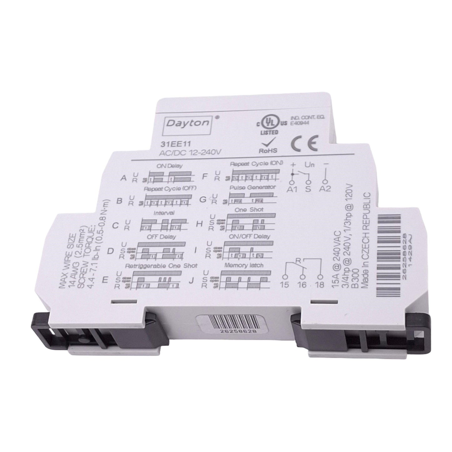 Used Dayton 31EE11 Time Delay Relay, 12-240VAC/DC In, SPDT, 0.1s-10d, 15A Max