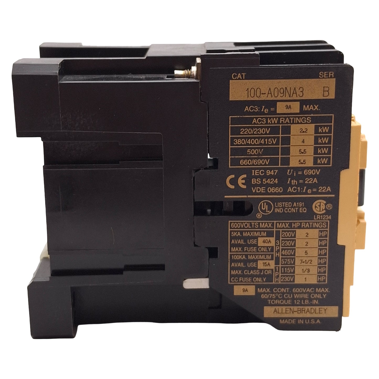 Used Allen Bradley 100-A09NA3 Contactor 3NO+1NO, 9A, 7.5HP @ 3Ø 575VAC, 240VAC Coil