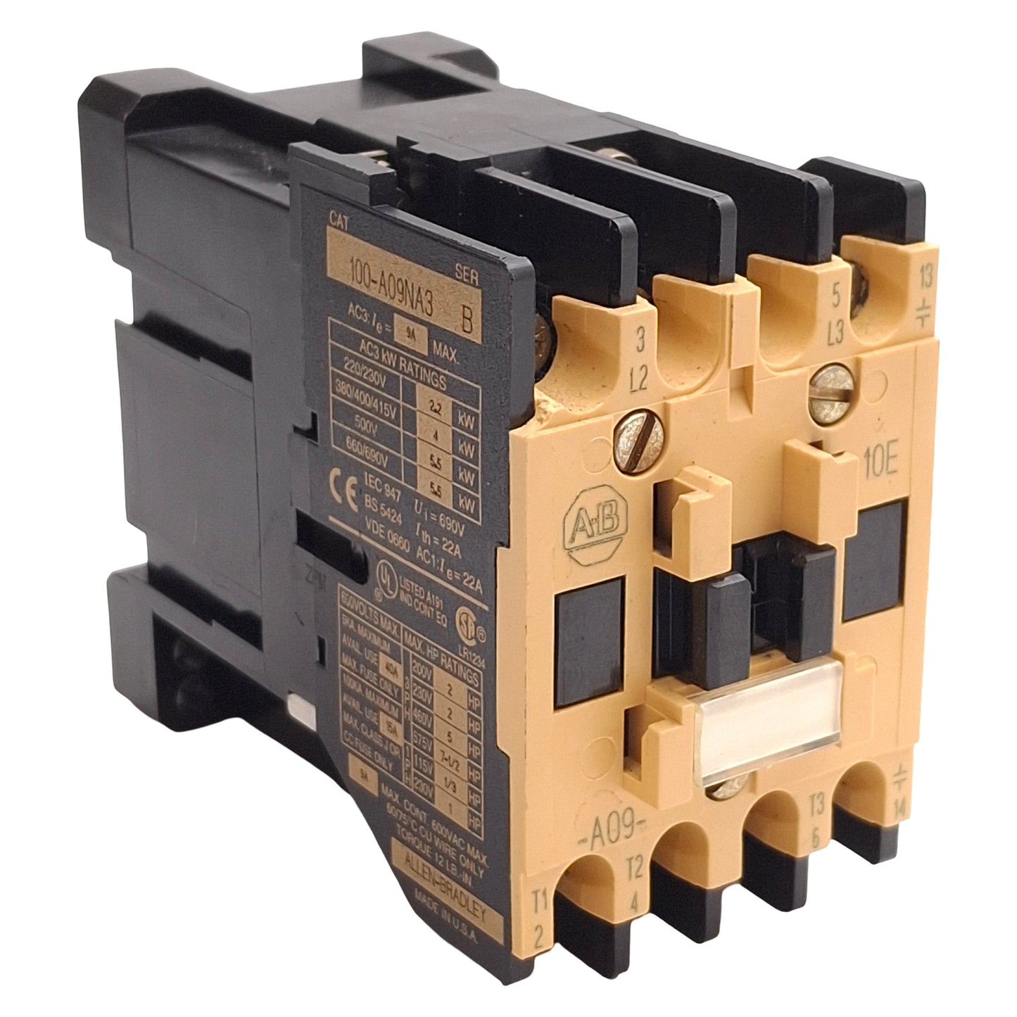 Used Allen Bradley 100-A09NA3 Contactor 3NO+1NO, 9A, 7.5HP @ 3Ø 575VAC, 240VAC Coil