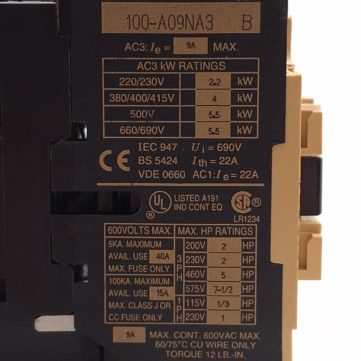 Used Allen Bradley 100-A09NA3 Contactor 3NO+1NO, 9A, 7.5HP @ 3Ø 575VAC, 240VAC Coil