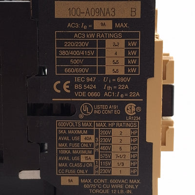 Used Allen Bradley 100-A09NA3 Contactor 3NO+1NO, 9A, 7.5HP @ 3Ø 575VAC, 240VAC Coil