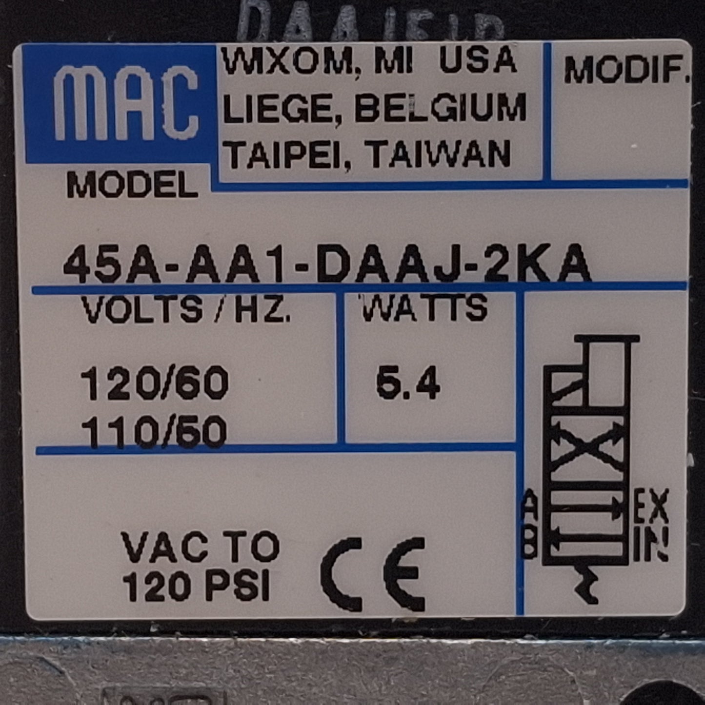 Used Mac 45A-AA1-DAAJ-2KA Solenoid Valve, 4/2-Way, Vac-120psi, 1/8in NPT, 120VAC Coil