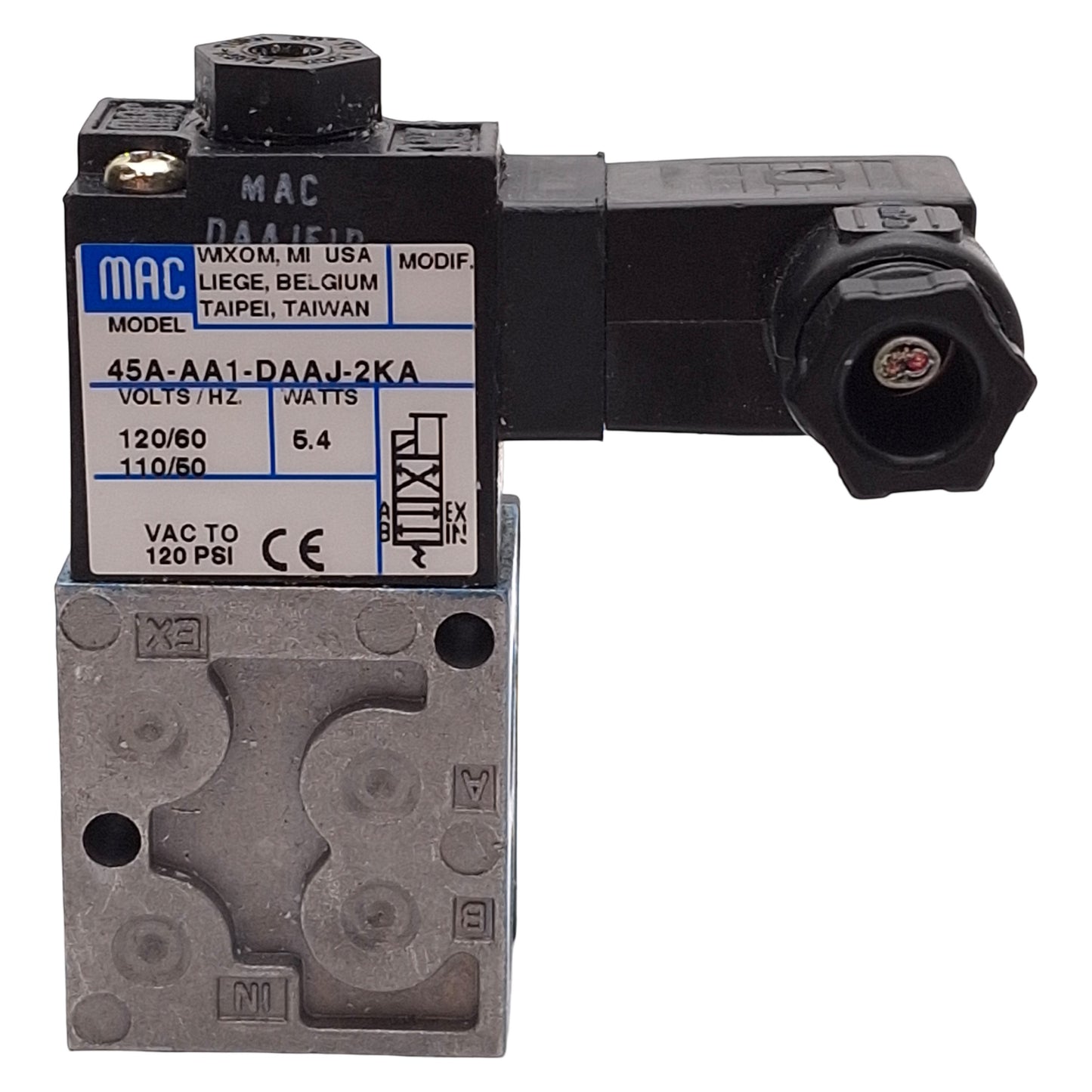 Used Mac 45A-AA1-DAAJ-2KA Solenoid Valve, 4/2-Way, Vac-120psi, 1/8in NPT, 120VAC Coil