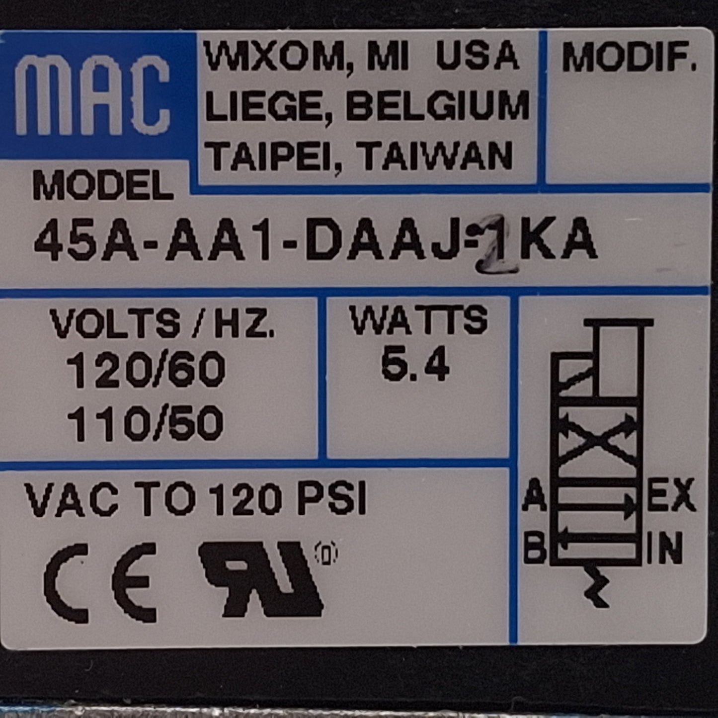 Used Mac 45A-AA1-DAAJ-1KA Solenoid Valve, 4/2-Way, Vac-120psi, 1/8in NPT, 120VAC Coil