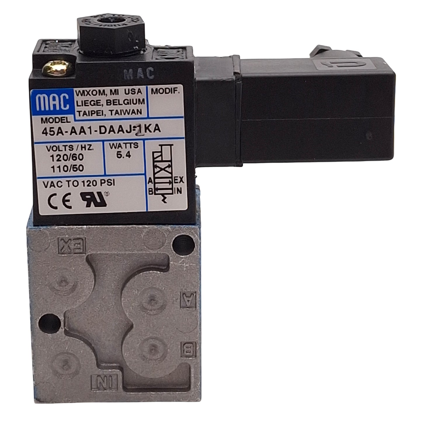 Used Mac 45A-AA1-DAAJ-1KA Solenoid Valve, 4/2-Way, Vac-120psi, 1/8in NPT, 120VAC Coil