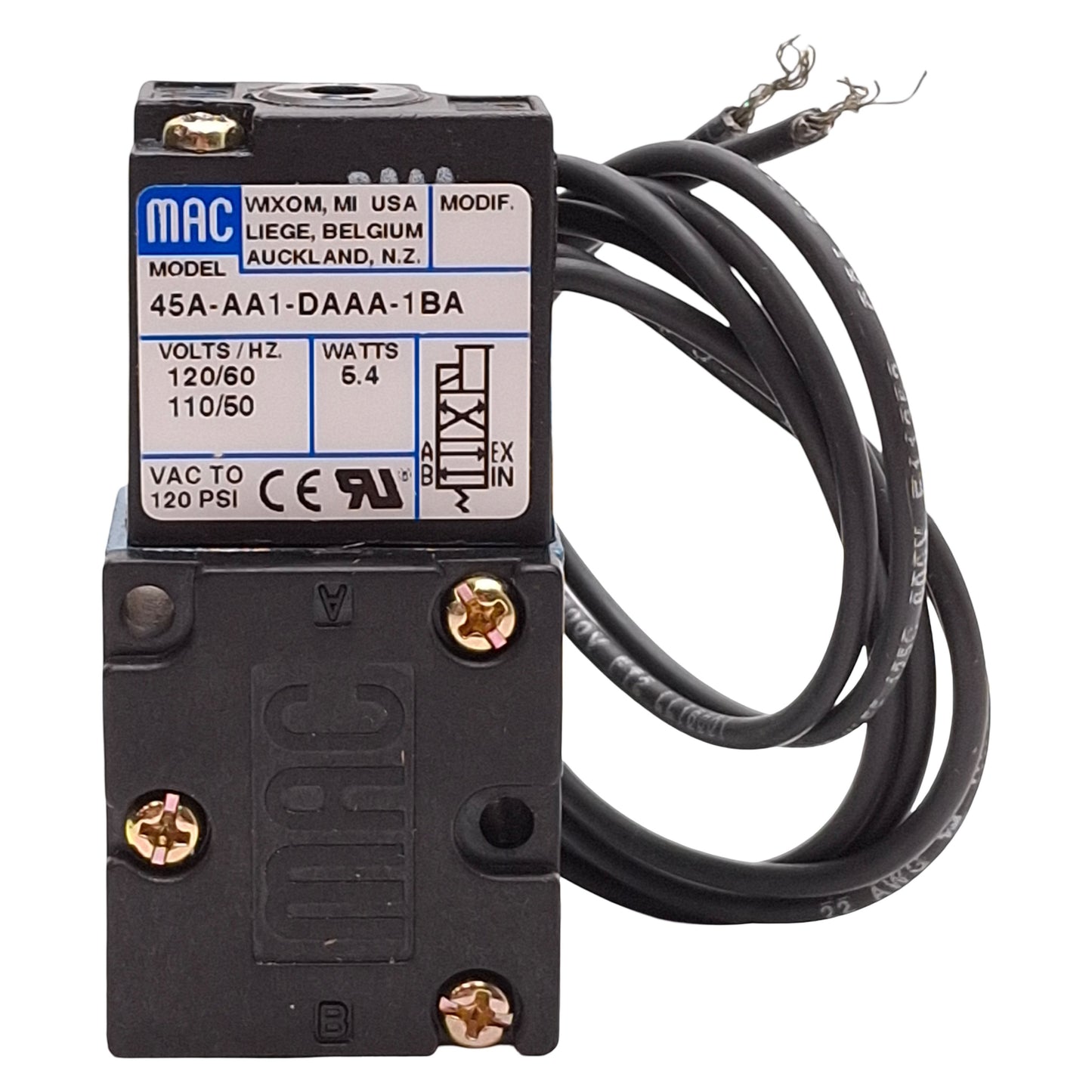 Used Mac 45A-AA1-DAAA-1BA Solenoid Valve, 4/2-Way, Vac-120psi, 1/8in NPT, 120VAC Coil