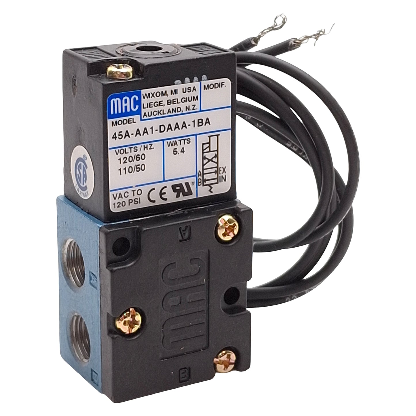 Used Mac 45A-AA1-DAAA-1BA Solenoid Valve, 4/2-Way, Vac-120psi, 1/8in NPT, 120VAC Coil