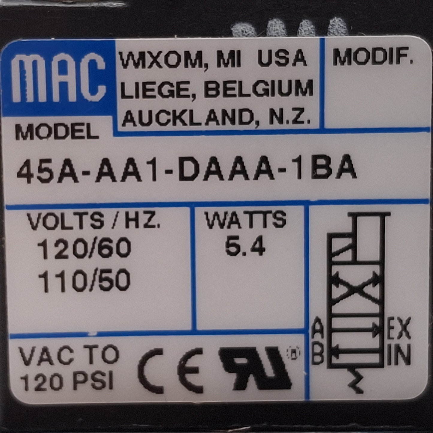 Used Mac 45A-AA1-DAAA-1BA Solenoid Valve, 4/2-Way, Vac-120psi, 1/8in NPT, 120VAC Coil