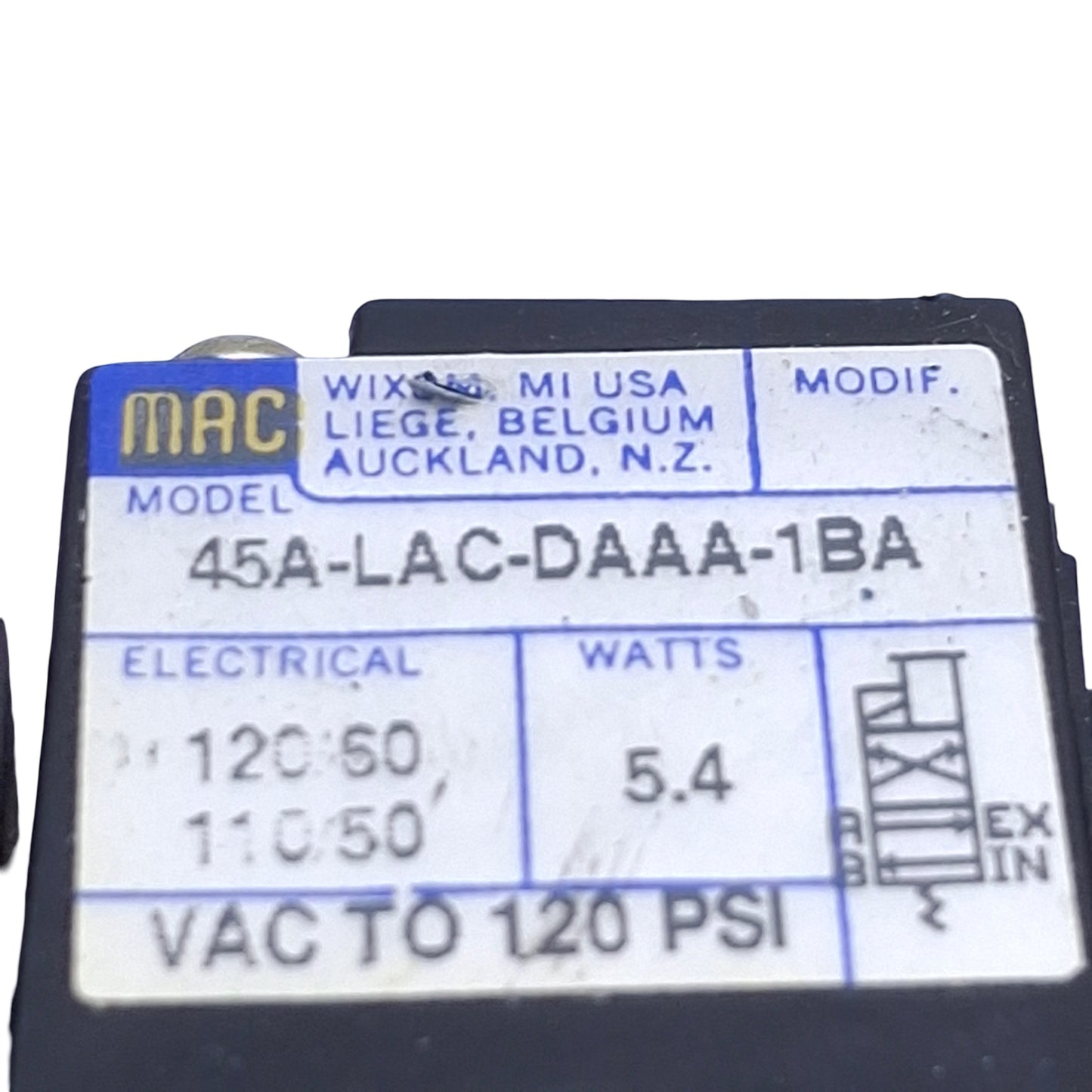 Used MAC 45A-LAC-DAAA-1BA Solenoid Valve 4/2-Way, Vac-120psi, 1/8" NPT, 120VAC Coil