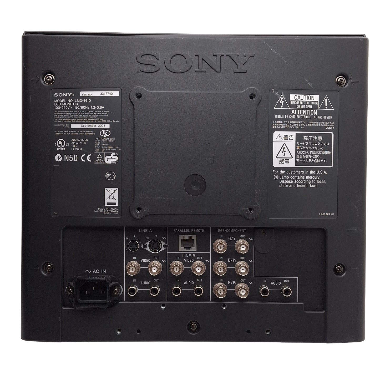 Used Sony LMD-1410 LCD Monitor, 14in, TFT, 4:3, 640:480, BNC, Y/C, 100-240VAC