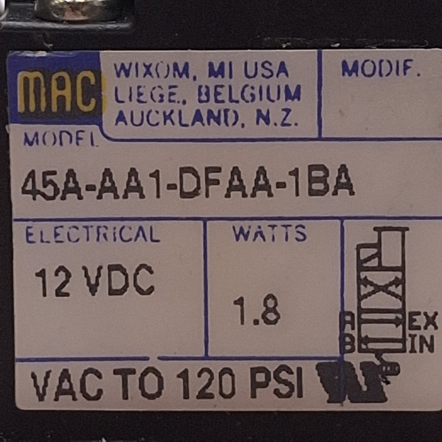 Used Mac 45A-AA1-DFAA-1BA Solenoid Valve, 4/2-Way, Vac-120psi, 1/8in NPT, 12VDC Coil