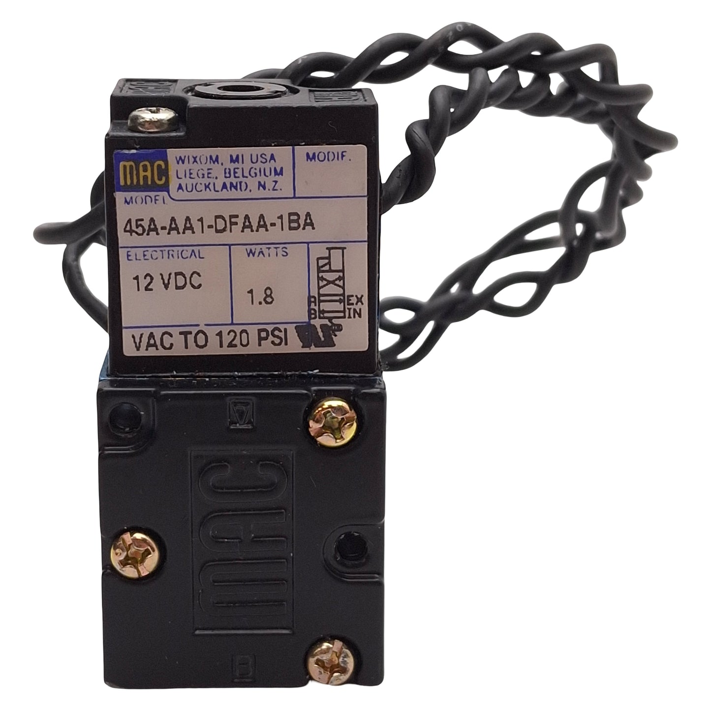 Used Mac 45A-AA1-DFAA-1BA Solenoid Valve, 4/2-Way, Vac-120psi, 1/8in NPT, 12VDC Coil