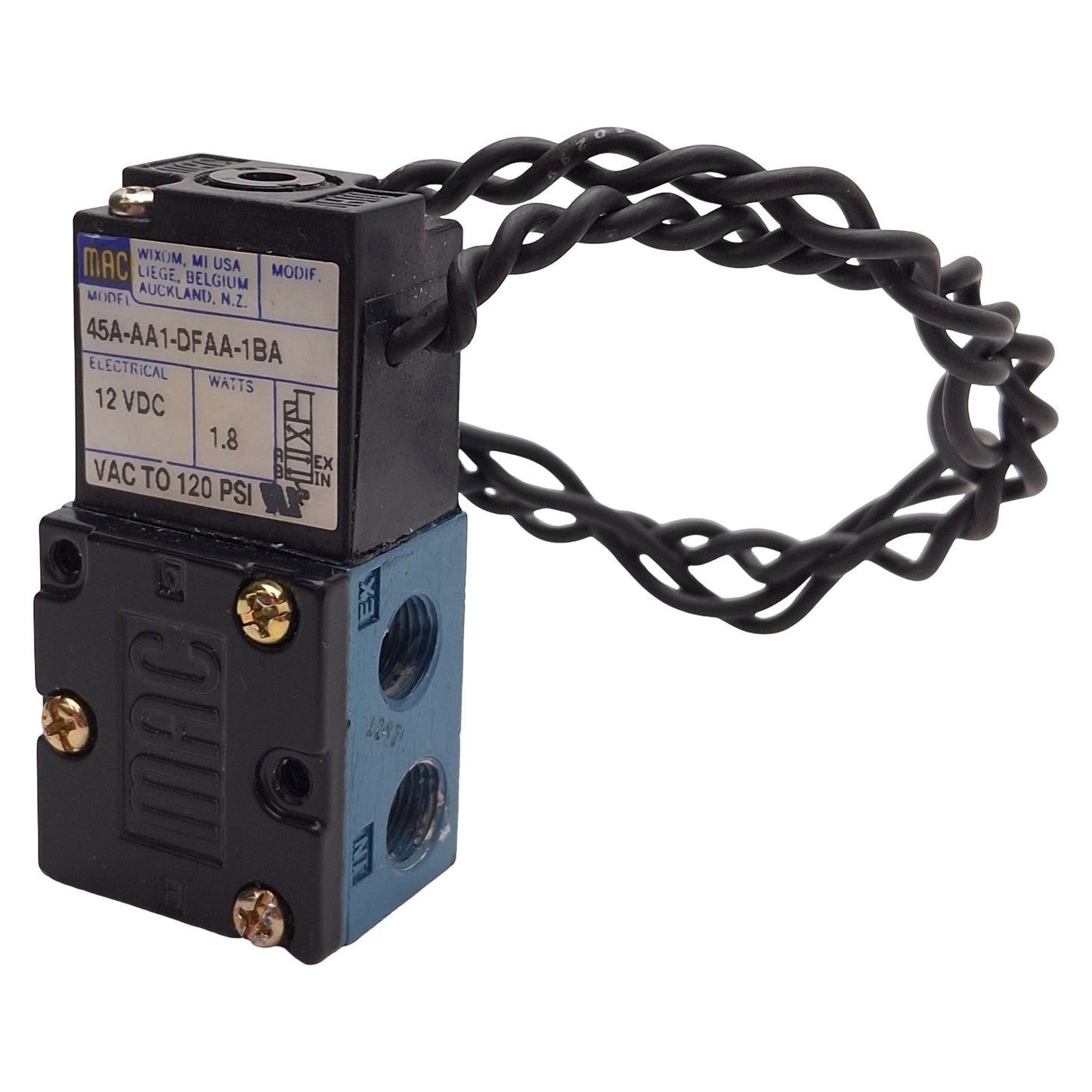 Used Mac 45A-AA1-DFAA-1BA Solenoid Valve, 4/2-Way, Vac-120psi, 1/8in NPT, 12VDC Coil