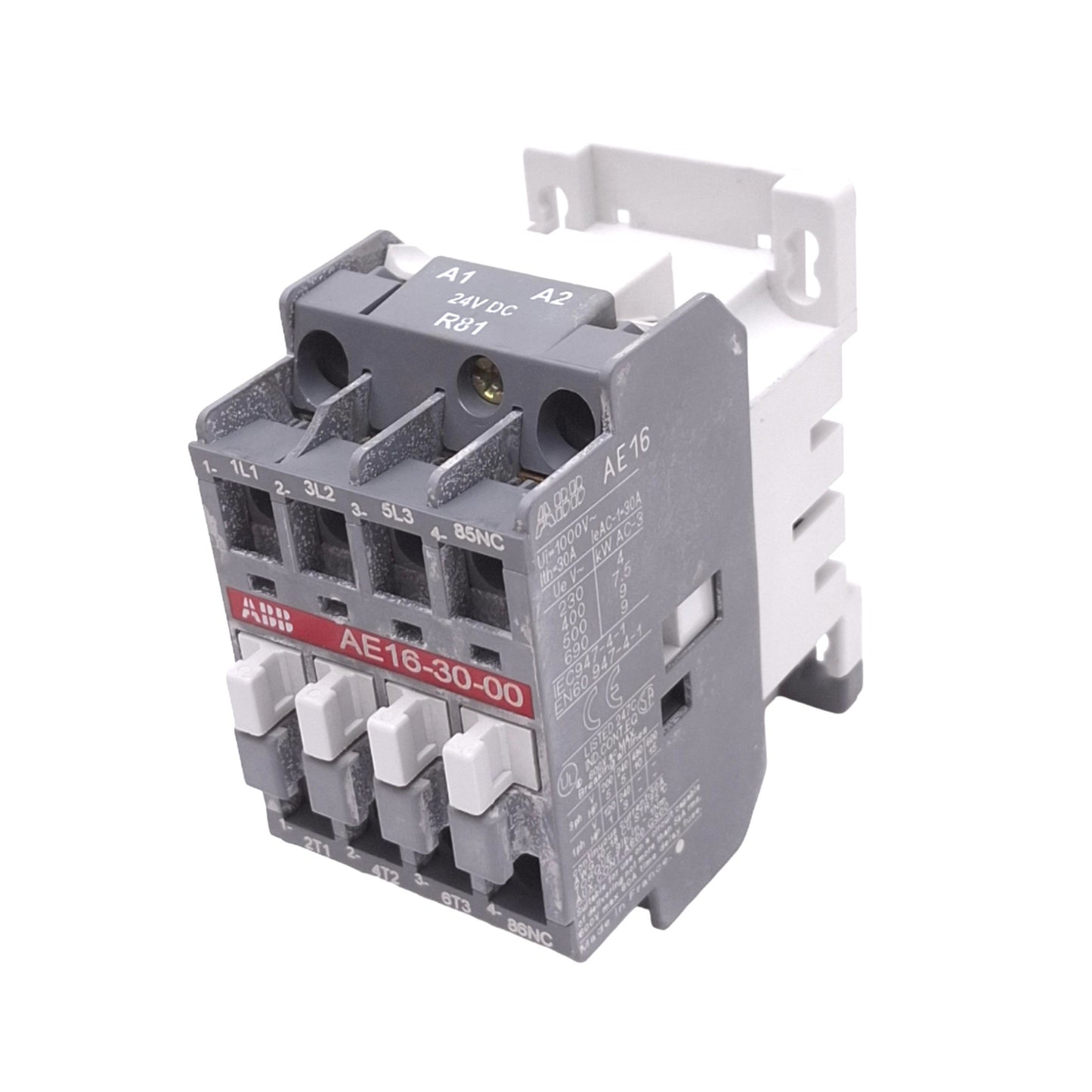 Used ABB AE16-30-00 Contactor, 3-Poles NO, 600VAC 30A 15HP, DIN Rail, 24VDC Coil