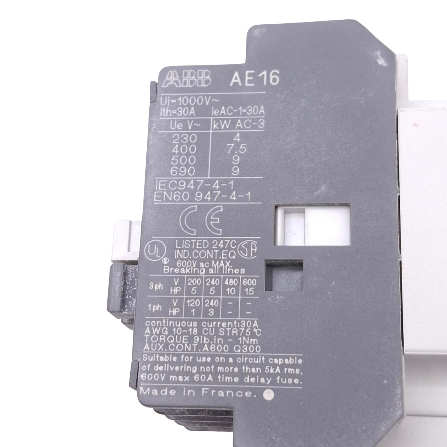 Used ABB AE16-30-00 Contactor, 3-Poles NO, 600VAC 30A 15HP, DIN Rail, 24VDC Coil