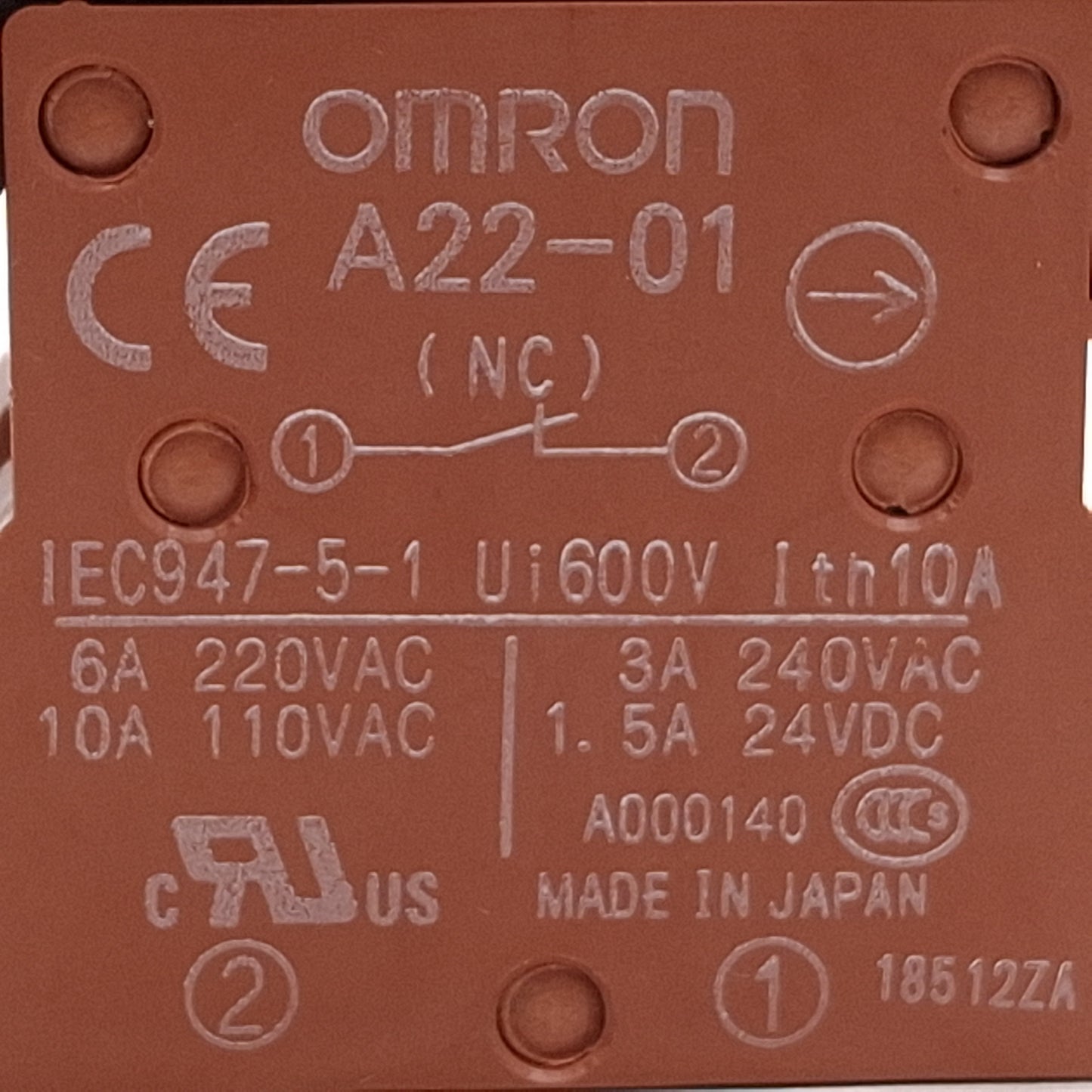 Used Omron A22E-L-02 Pushbutton E-Stop, Push-Lock/Turn-Reset, ø60mm Mushroom, 2NC