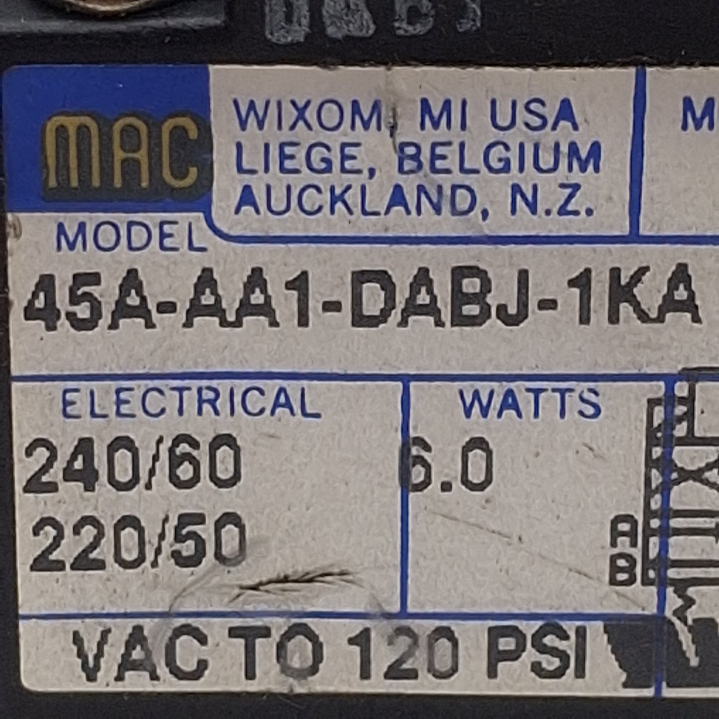 Used Mac 45A-AA1-DABJ-1KA Solenoid Valve 4/2-Way 1/8" NPT Vac-120psi, 220/240VAC Coil