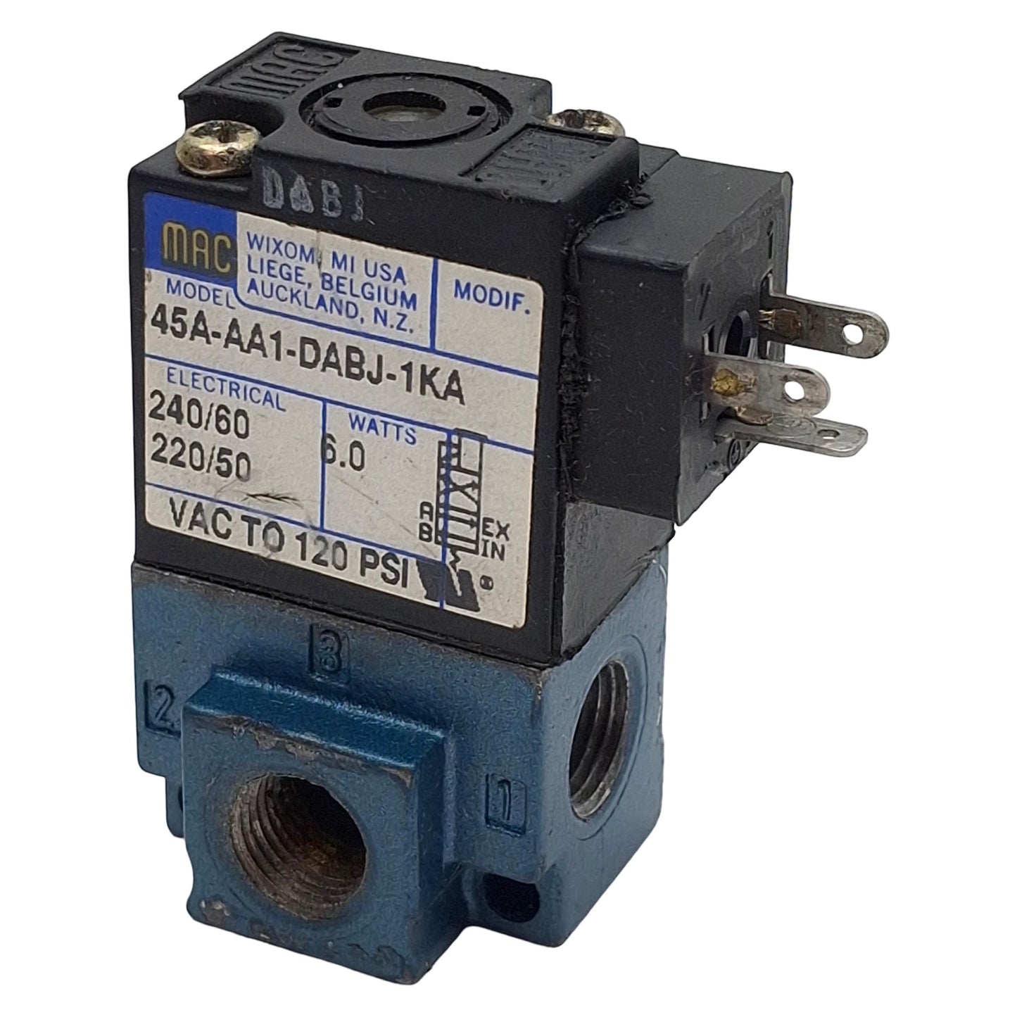 Used Mac 45A-AA1-DABJ-1KA Solenoid Valve 4/2-Way 1/8" NPT Vac-120psi, 220/240VAC Coil