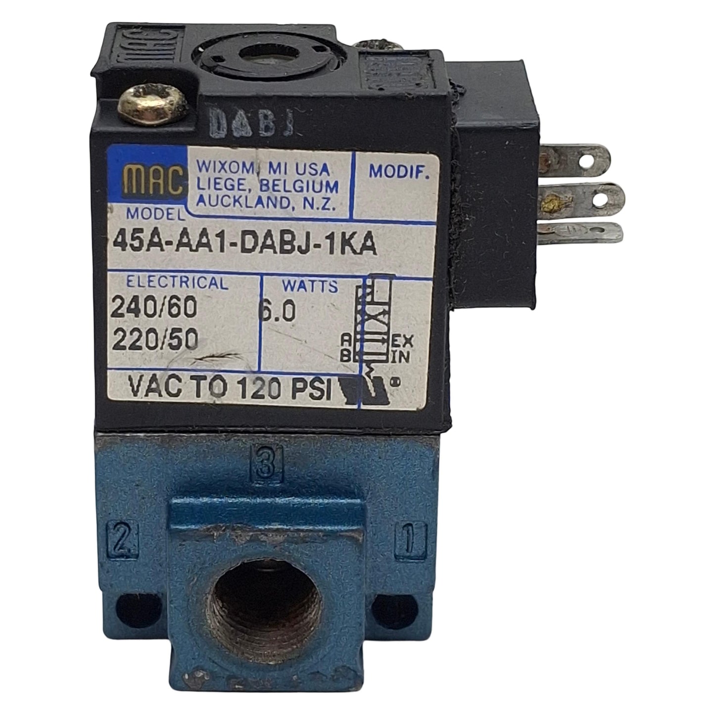 Used Mac 45A-AA1-DABJ-1KA Solenoid Valve 4/2-Way 1/8" NPT Vac-120psi, 220/240VAC Coil