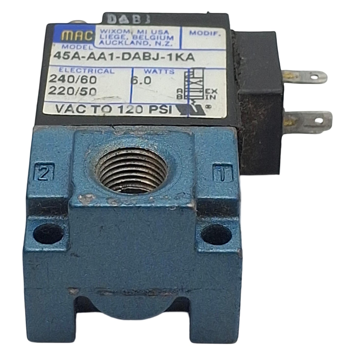 Used Mac 45A-AA1-DABJ-1KA Solenoid Valve 4/2-Way 1/8" NPT Vac-120psi, 220/240VAC Coil
