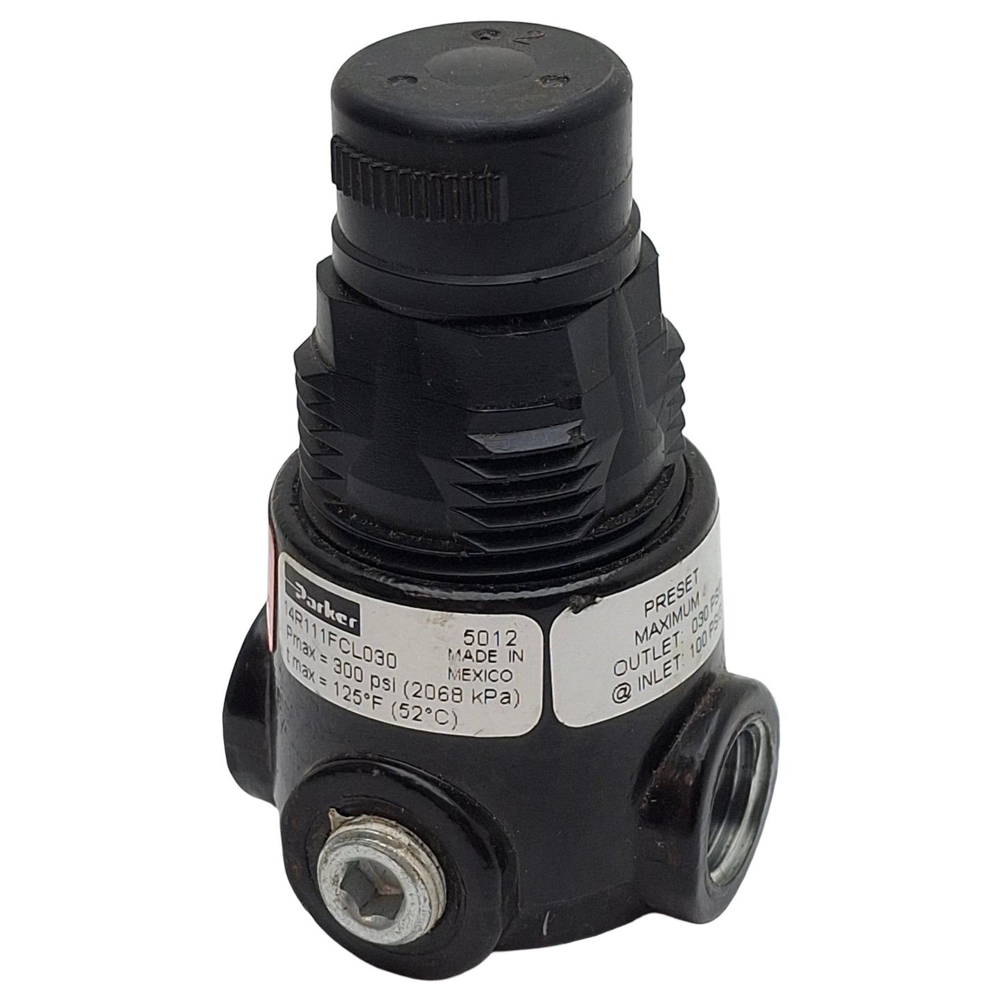 Used Parker 14R111FCL030 Pneumatic Regulator, 2-Way, 1/4in NPT, 100psi In, 30psi Set