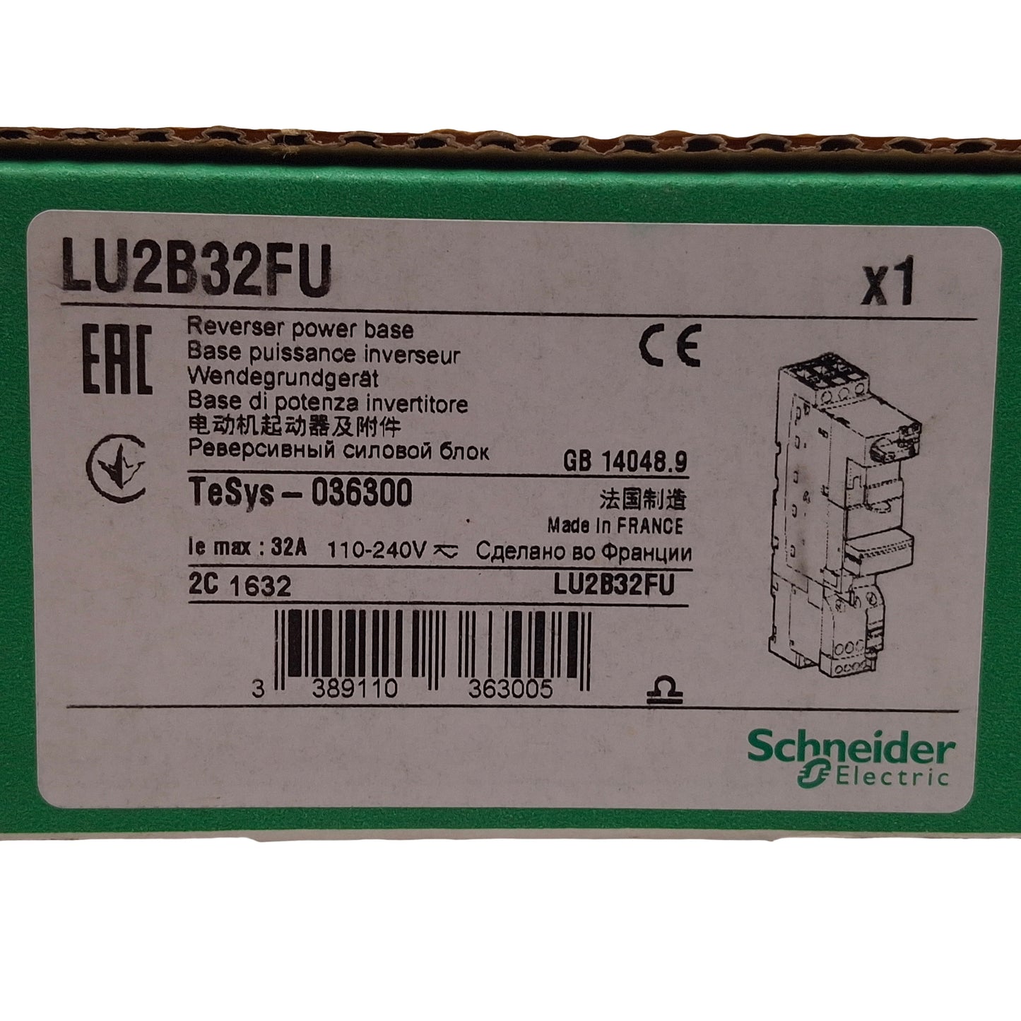 New Schneider Electric LU2B32FU Reversing Power Base, 3P, 32A, 110-240VAC/DC Coil