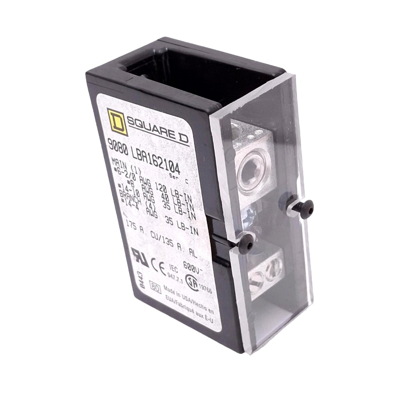 Used Square D 9080LBA162104 Power Distribution Block, 1-Line 4-Load, 600VAC 175A Max