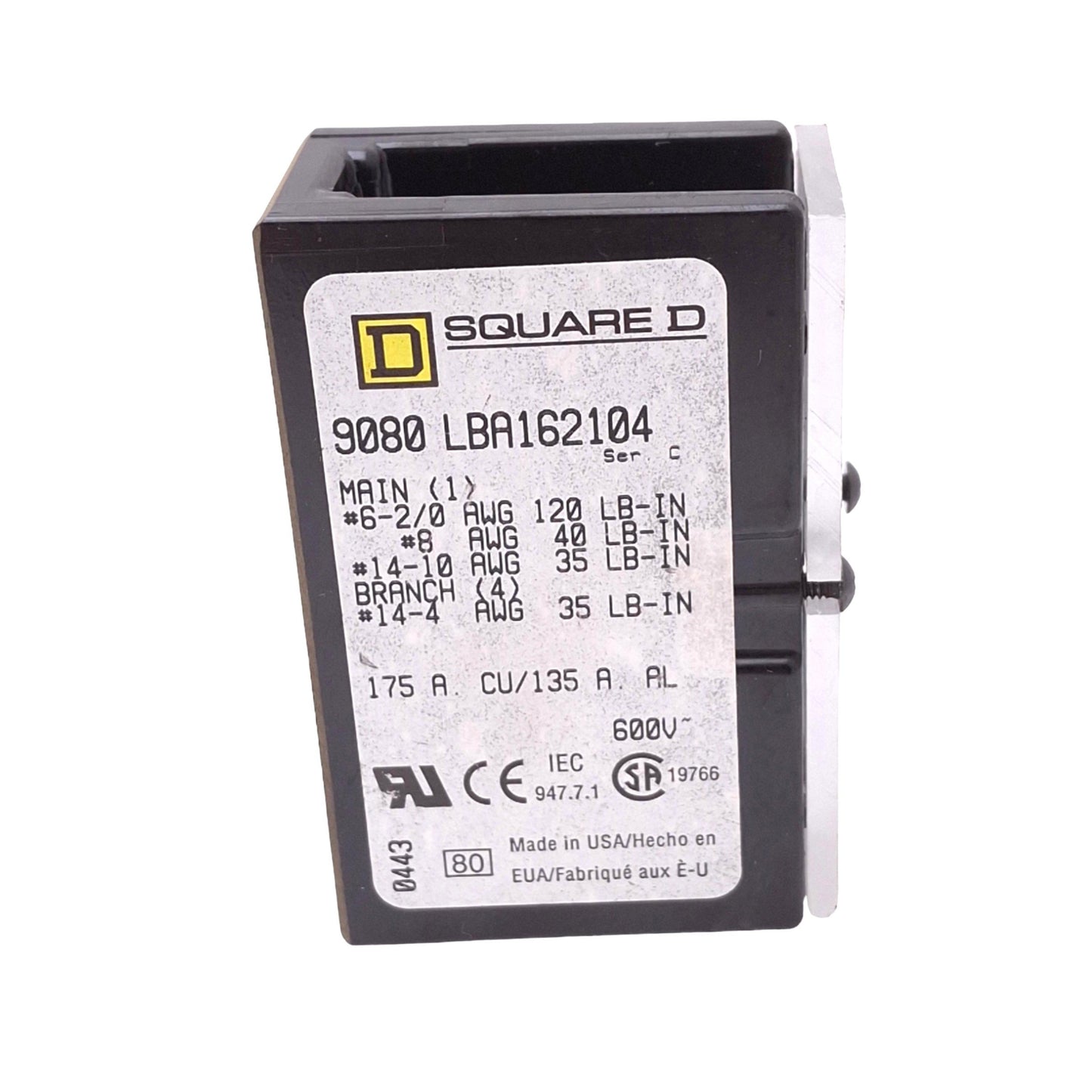 Used Square D 9080LBA162104 Power Distribution Block, 1-Line 4-Load, 600VAC 175A Max