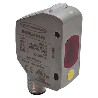 Used Banner Q4XFILAF110-Q8 Photoelectric Sensor 110mm Range, 12-30VDC, 4-20mA, 5P M12