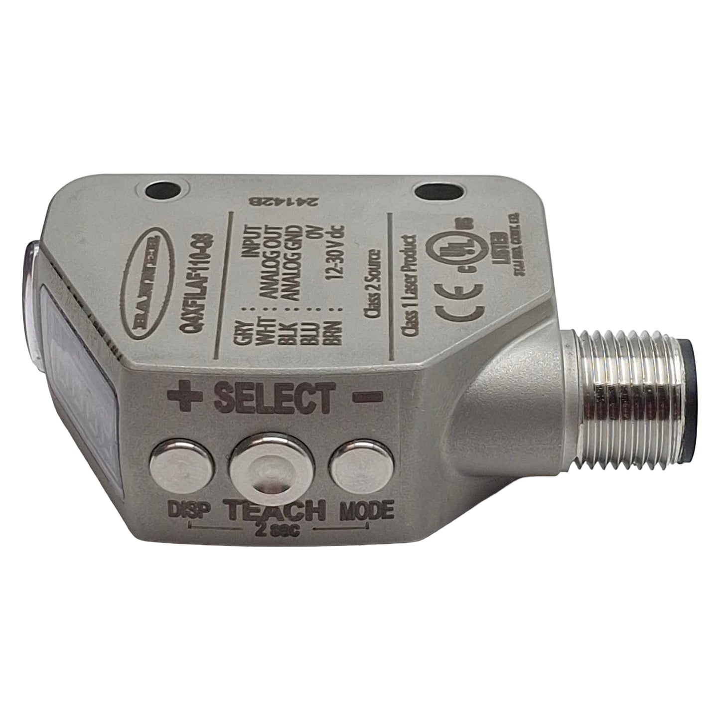 Used Banner Q4XFILAF110-Q8 Photoelectric Sensor 110mm Range, 12-30VDC, 4-20mA, 5P M12