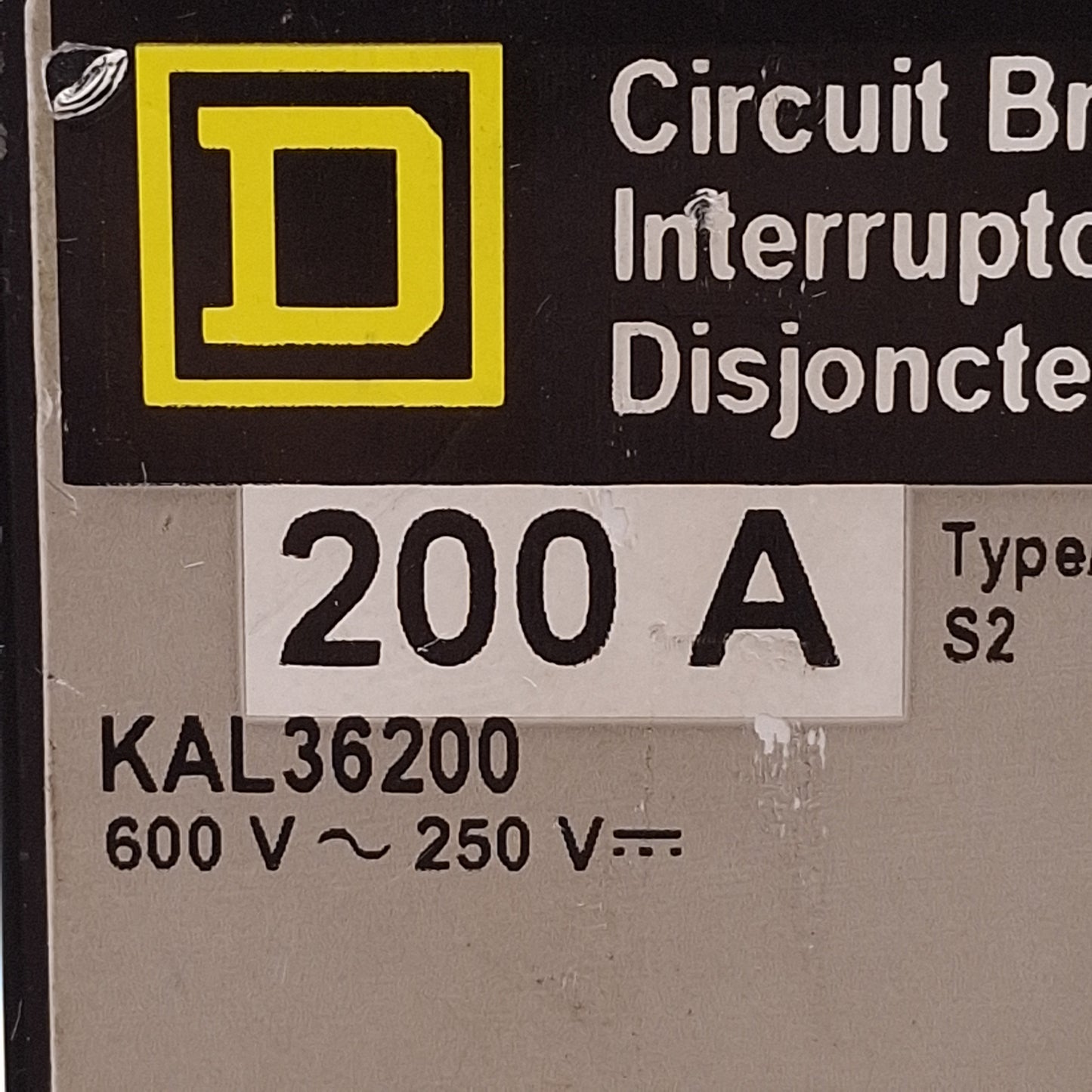 Used Square D KAL36200 Molded Case Circuit Breaker, 200A, 600VAC/250VDC *Terminals*