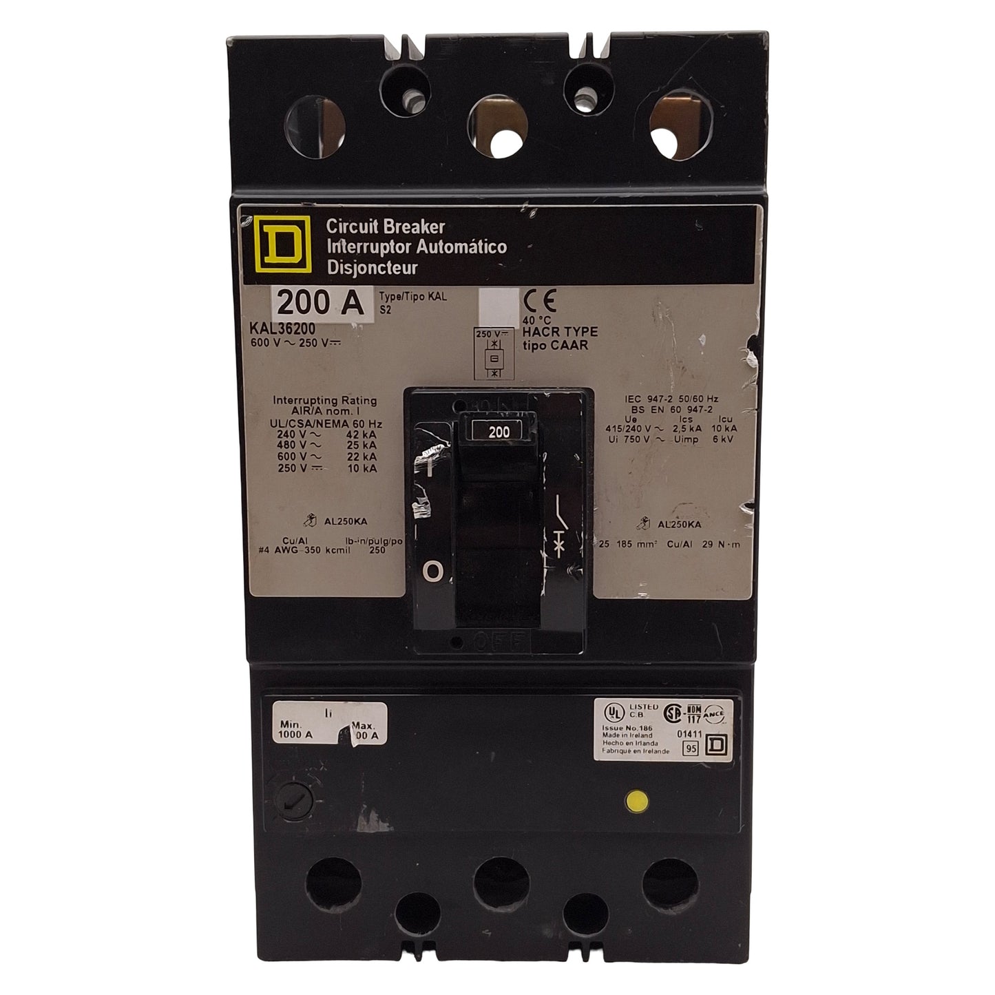 Used Square D KAL36200 Molded Case Circuit Breaker, 200A, 600VAC/250VDC *Terminals*