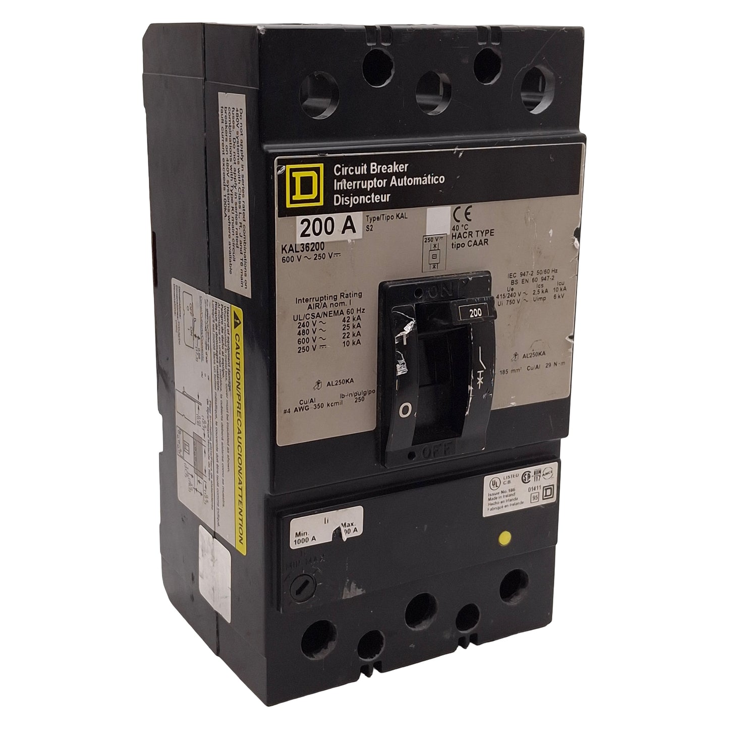 Used Square D KAL36200 Molded Case Circuit Breaker, 200A, 600VAC/250VDC *Terminals*