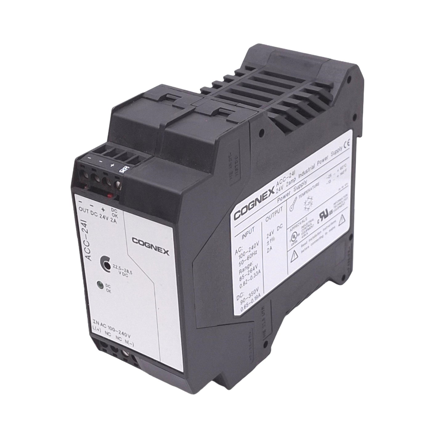 Used Cognex ACC-24I Power Supply, 100-240VAC/90-350VDC In, 24VDC 2A Out, DIN Rail