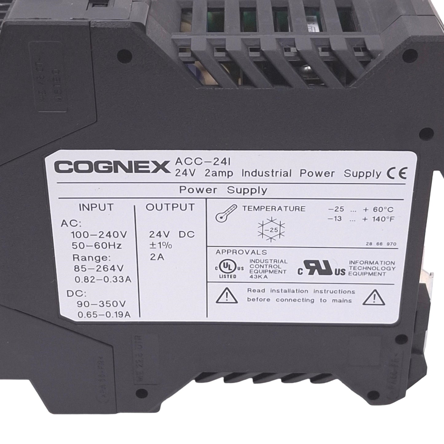 Used Cognex ACC-24I Power Supply, 100-240VAC/90-350VDC In, 24VDC 2A Out, DIN Rail