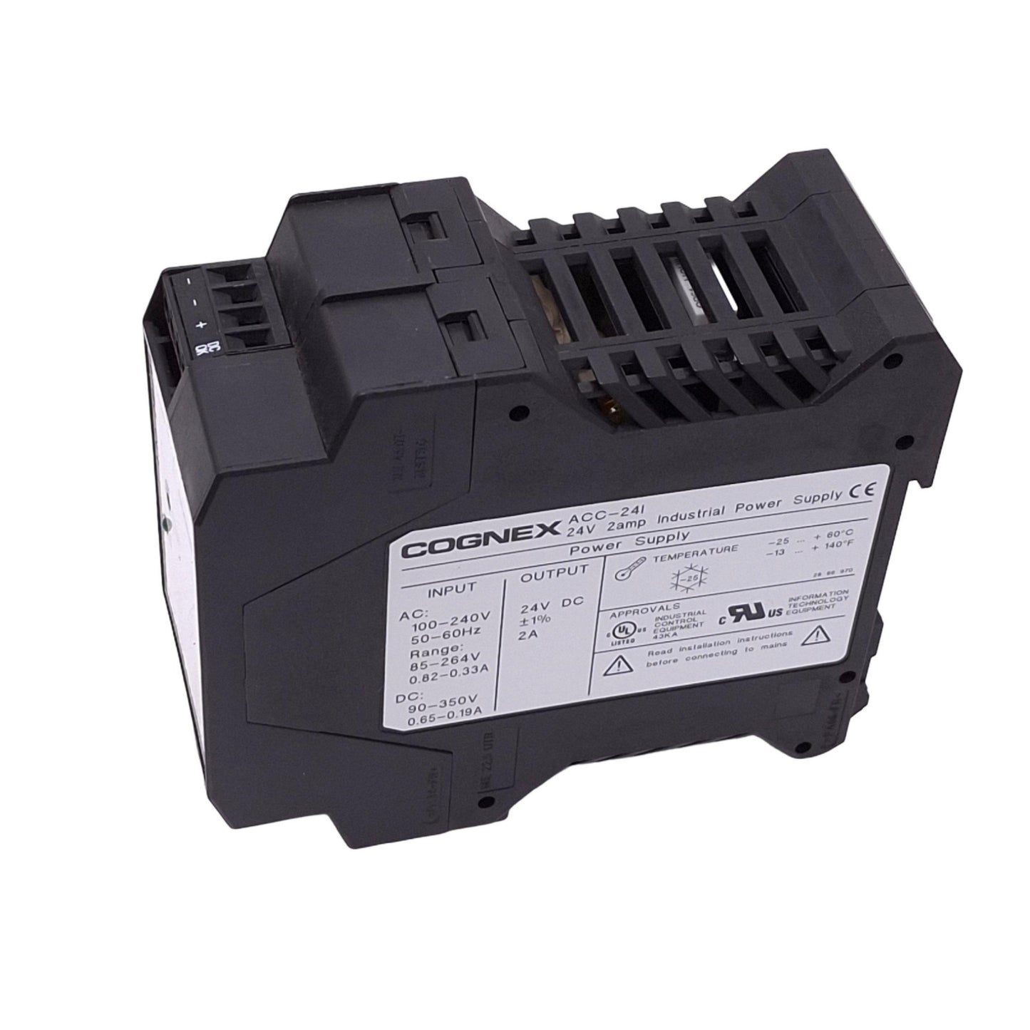 Used Cognex ACC-24I Power Supply, 100-240VAC/90-350VDC In, 24VDC 2A Out, DIN Rail