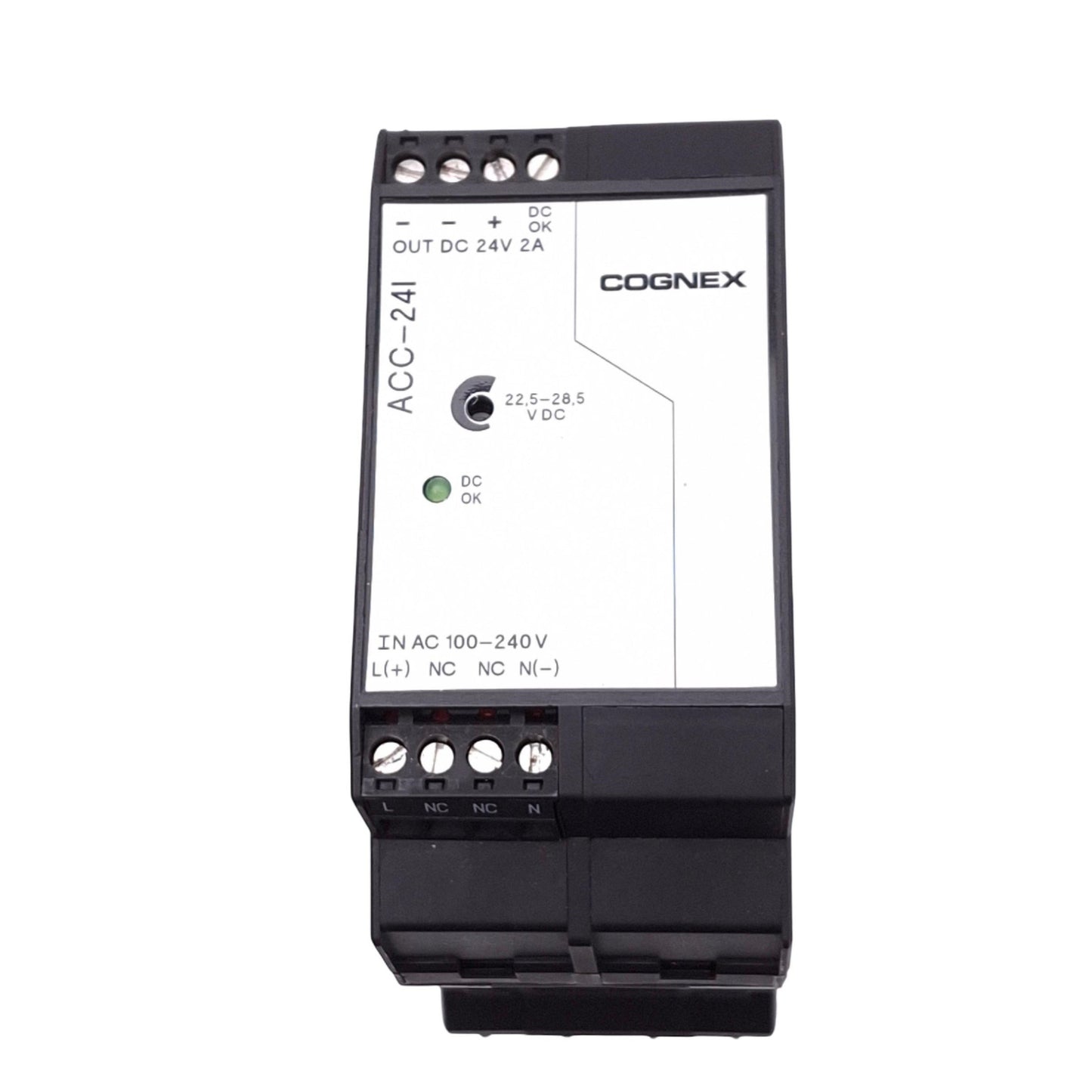 Used Cognex ACC-24I Power Supply, 100-240VAC/90-350VDC In, 24VDC 2A Out, DIN Rail