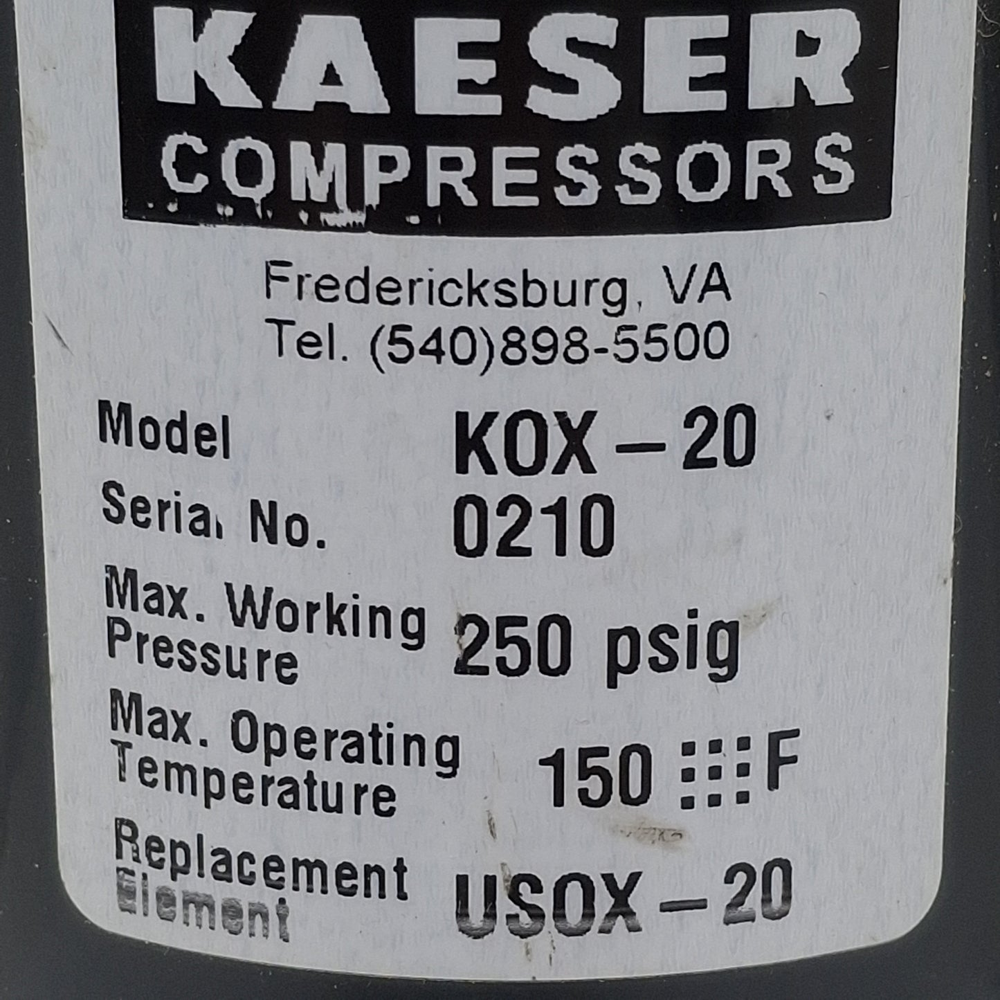 Used Kaeser Compressors KOX-20 Compressed Air Filter, 250psi Max, 1/2in NPT, w/Filter