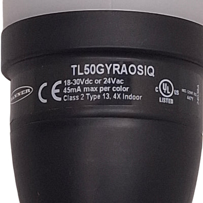 Used Banner TL50GYRAOSIQ Tower Light w/Pipe Bracket, Green, Yellow, Red, 24VAC