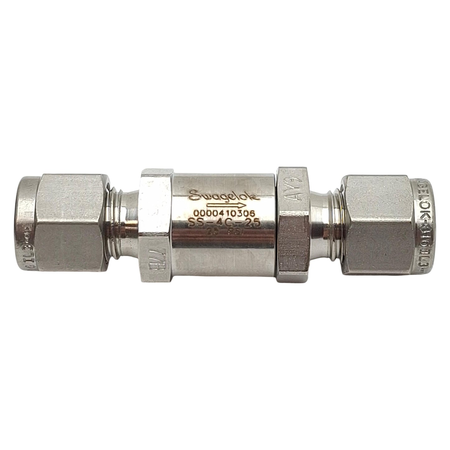 Used Swagelok SS-4C-25 Poppet Check Valve, 1/4in x 1/4in Swagelok Tube Fitting, 25psi