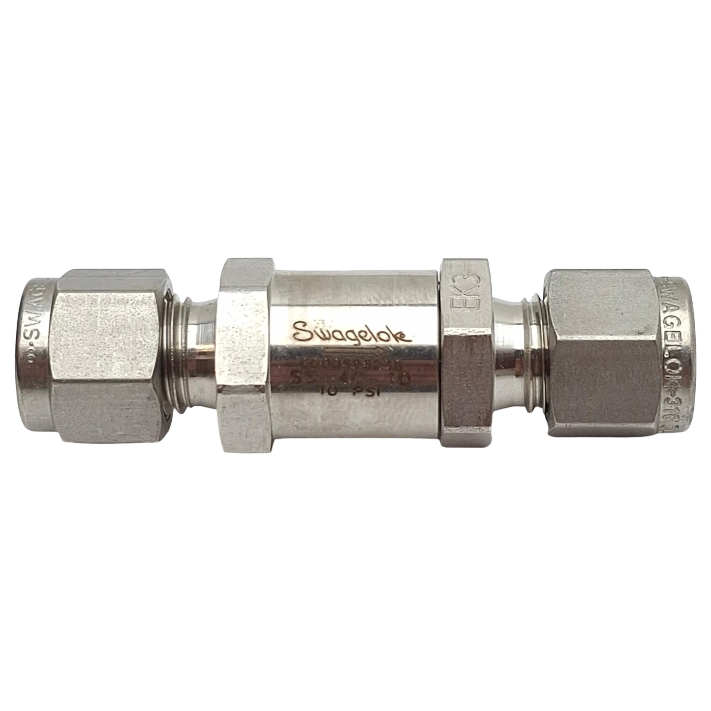Used Swagelok SS-4C-10 Poppet Check Valve, 1/4in x 1/4in Swagelok Tube Fitting, 10psi