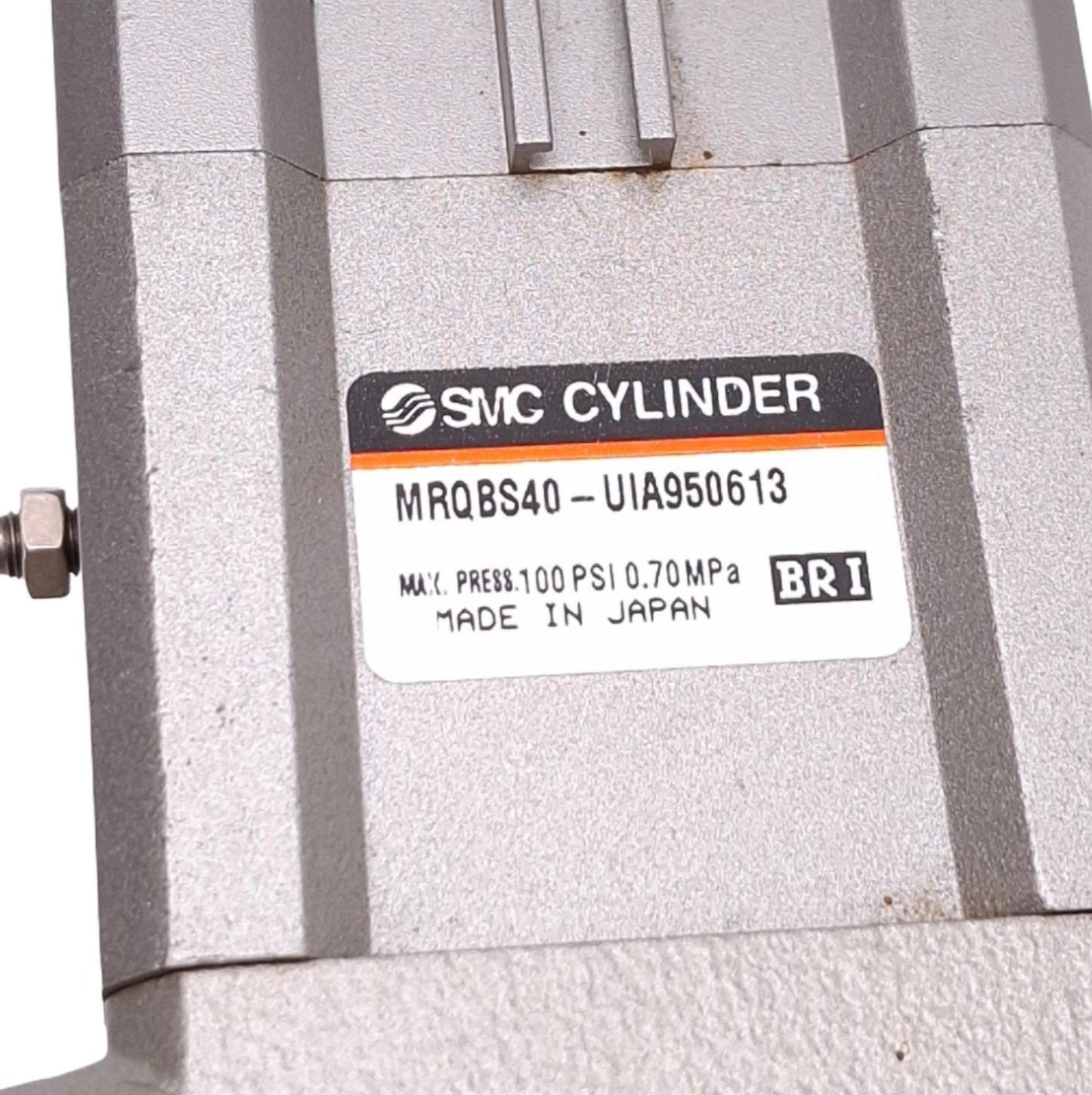 Used SMC MRQBS40-UIA950613 Rotary Actuator, 40mm Bore, 50mm Stroke, 170-190°, 100psi