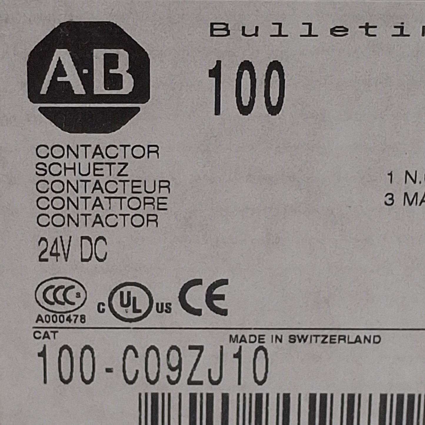 New Allen Bradley 100-C09ZJ10 Contactor, 3-Pole, 1NO, 25A 600VAC, 24VDC Coil
