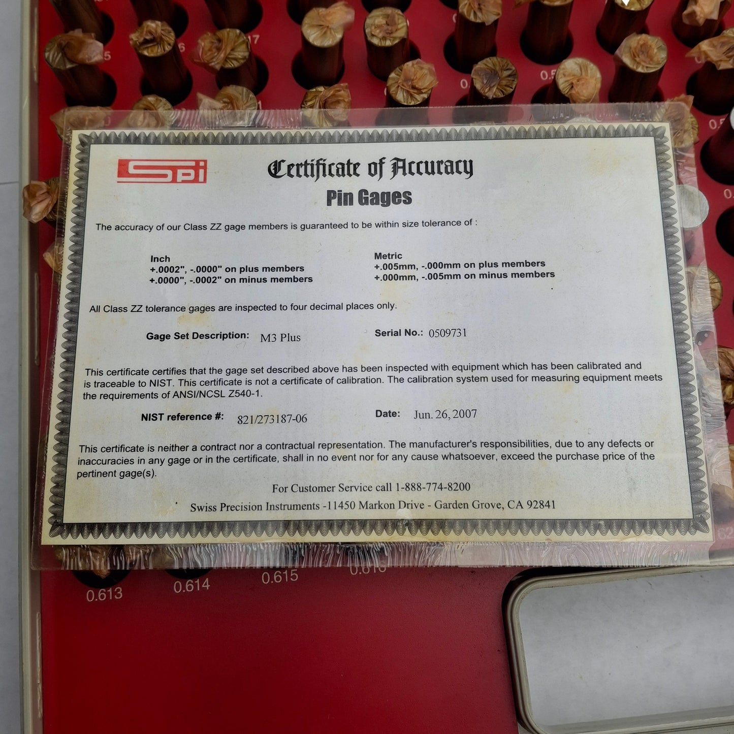 Used SPI 22-157-2 M3 Plus Pin Gauges, Class ZZ, 0.501-0.625in, +0.0002in - 0in