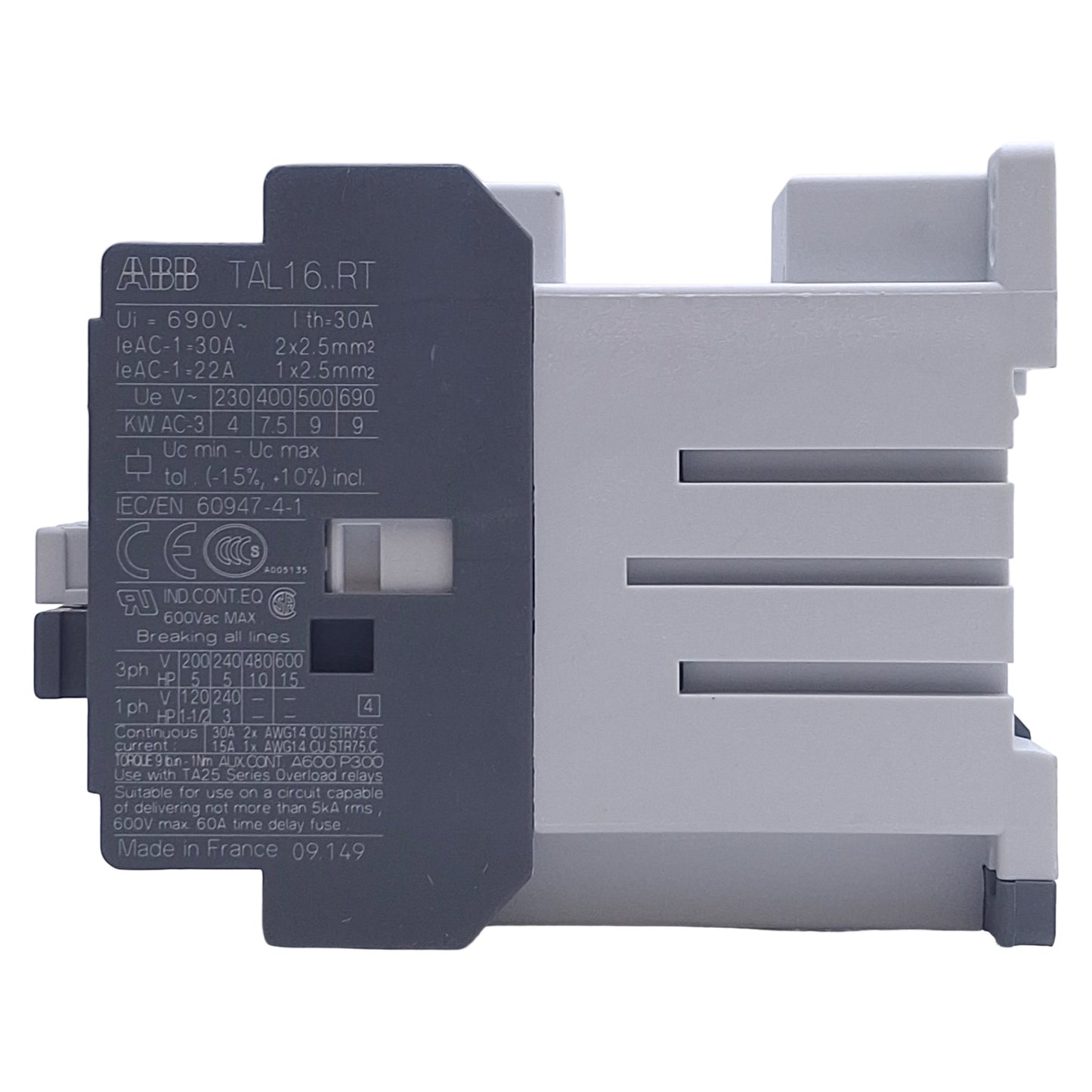 New – Open box ABB TAL16-30-10RT Contactor 3-Pole, 3NO+1NO Aux, 600VAC 30A, 25-45VDC Coil