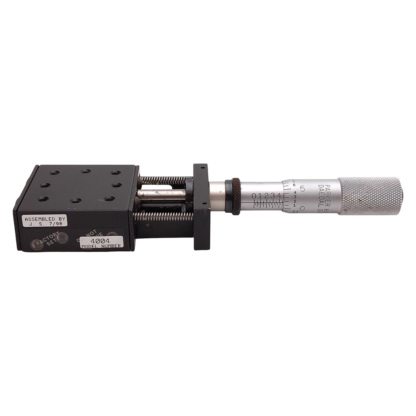 Used Parker 4004 Linear Micrometer Stage, 1in Travel, 1.75in x 1.75in, #6-32, 25lbs