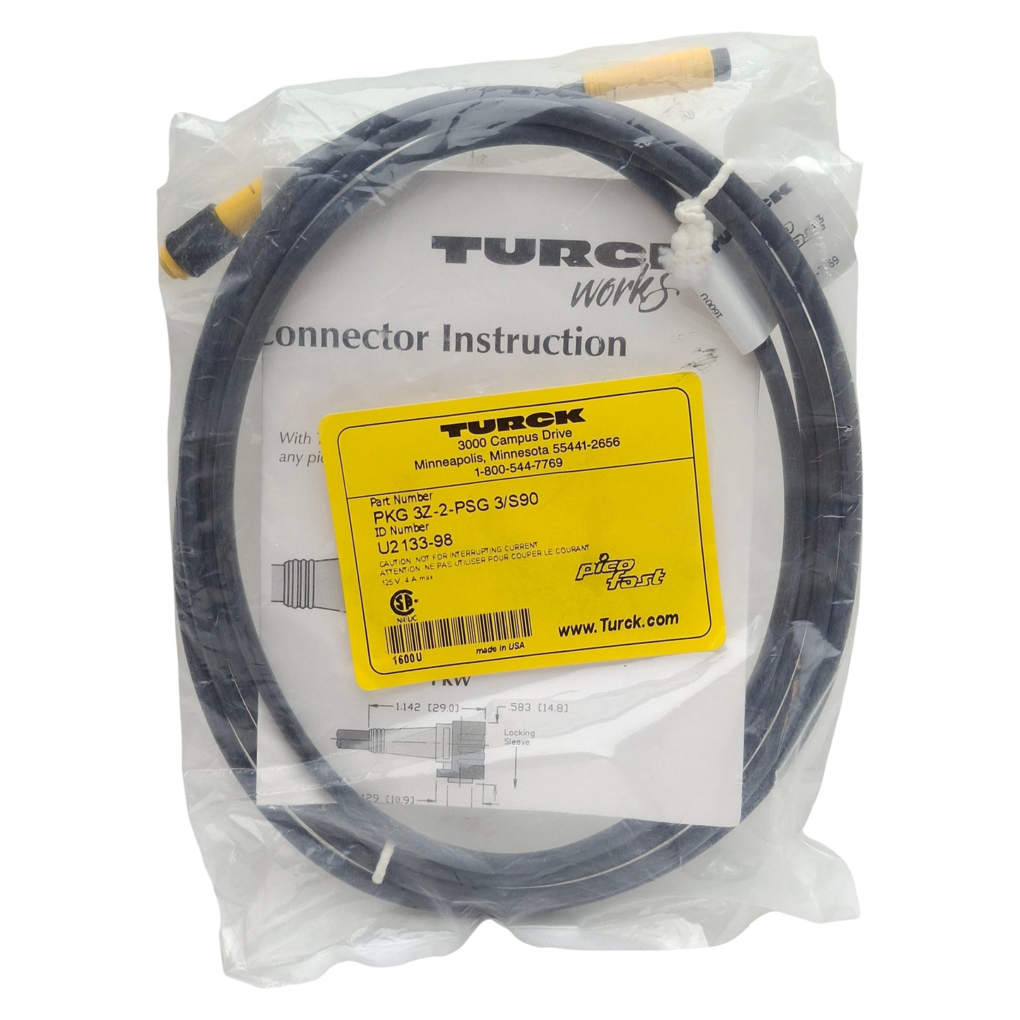 New Turck PKG3Z-2-PSG 3/S90 Actuator & Sensor Cable, 3-Pin M8 Male to Female, 2m